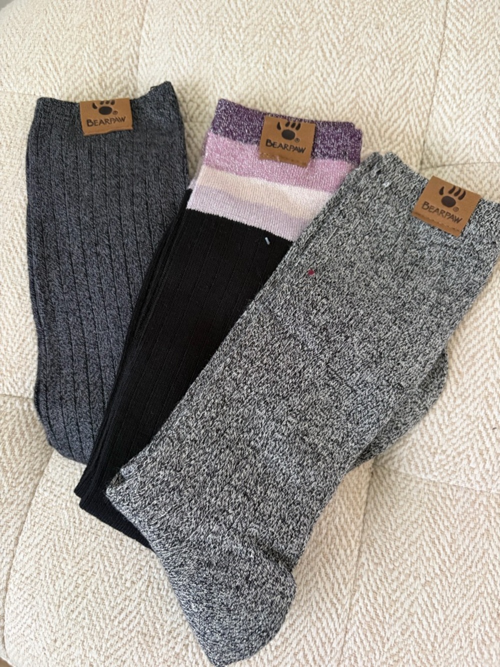 BearPaw Women's Gray, Black & Purple Striped Knit Socks - 3 Pack